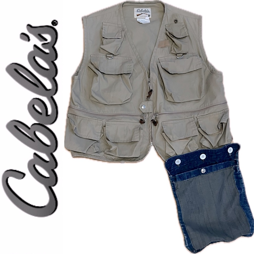 🎣Tan Fly Fishing Utility Vest with Handmade Denim Apron—Vintage Cabela’s Medium